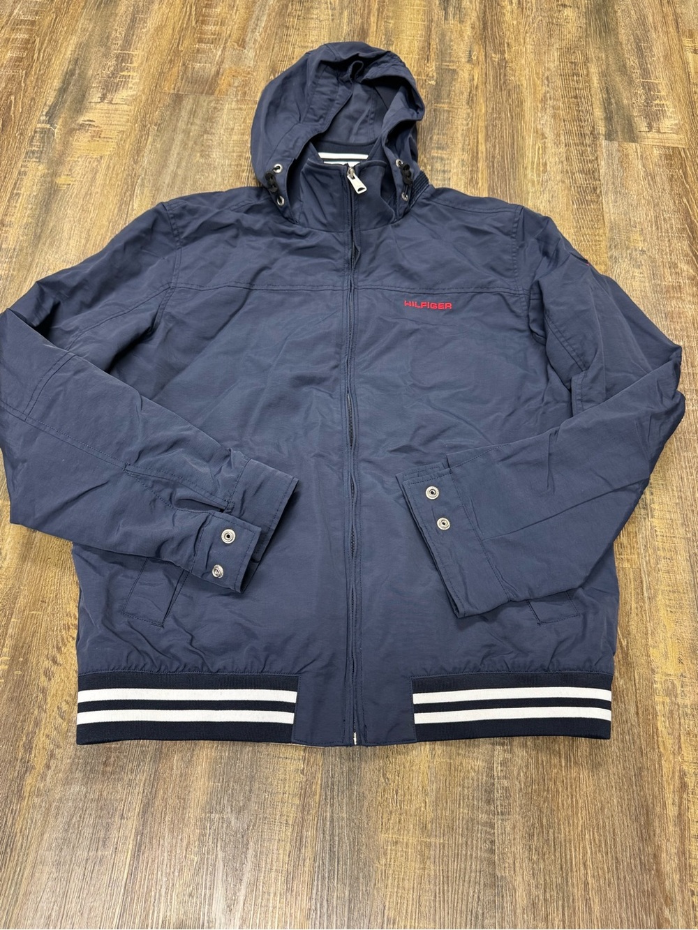 Tommy Hilfiger Men’s Vtg Navy Hooded Regatta Yacht Jacket with Stripe Trim M - Picture 8 of 16